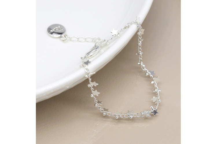 Silver plated multi star and tiny bead chain bracelet