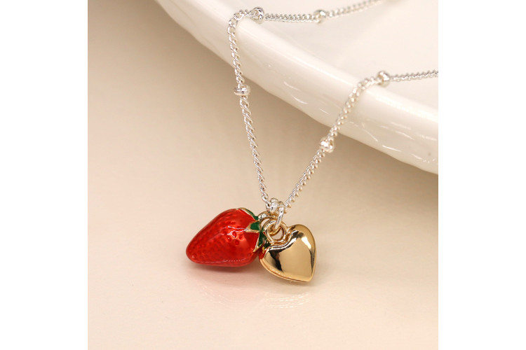 Silver Plated Necklace With Enamel Strawberry And Golden Heart
