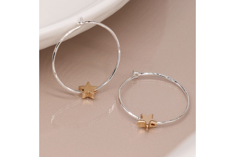 Silver plated organic hoop and golden star earrings