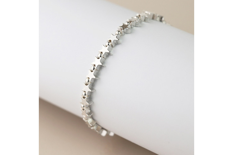 Silver plated polished stars bead bracelet