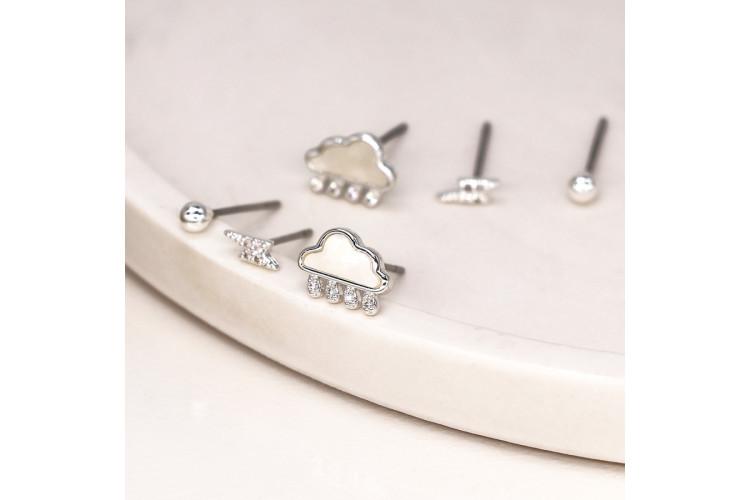 Silver Plated Triple Cloud and Lightning Stud Set