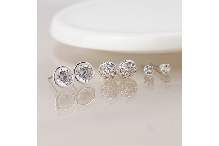 Silver plated triple round crystal stud earring set