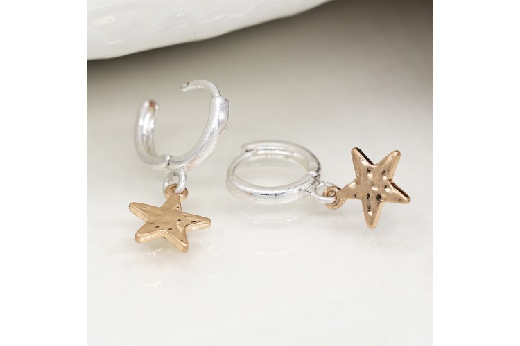 Silver plated worn hoop earrings with faux gold hammered stars