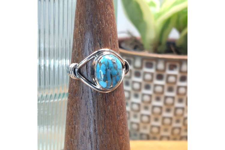 Small Oval Blue Copper Turquoise Ring, Sterling Silver