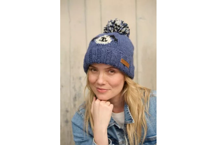Smiley Dog Roll Back Bobble Beanie-Denim