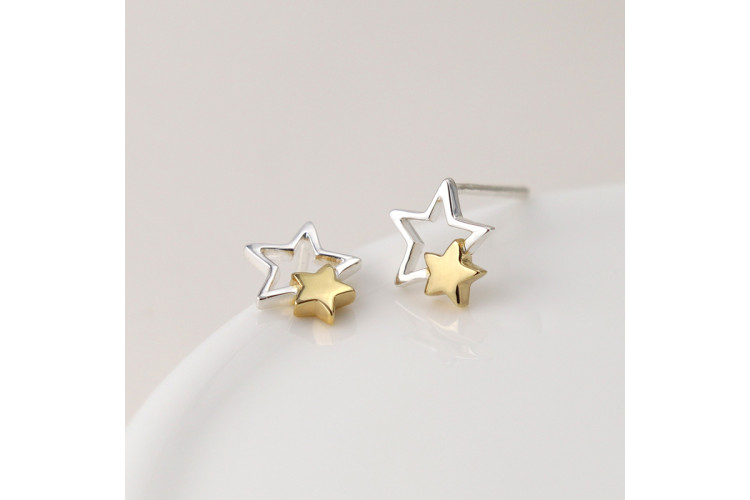 Sterling silver and gold plated double star stud earrings