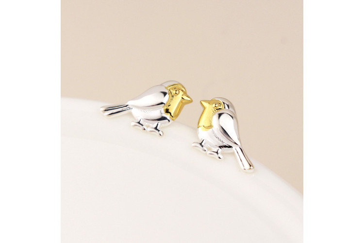 Sterling silver and gold robin stud earrings
