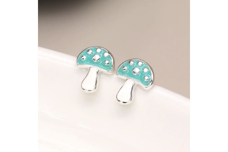 Sterling silver aqua enamel mushroom stud earrings 
