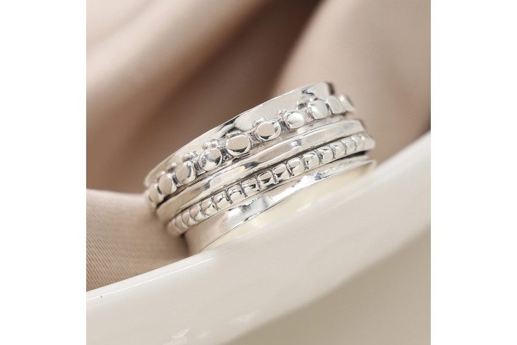 Sterling silver dotty, studded and hammered band ring SIZE-61