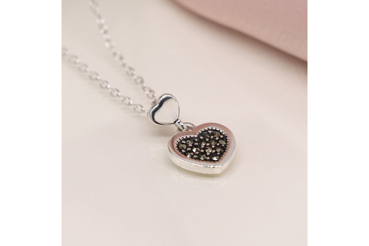 Sterling silver double heart necklace with marcasite