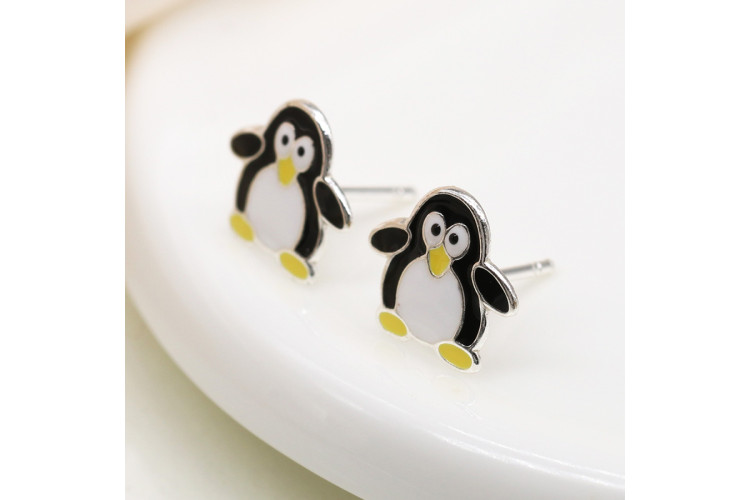 Sterling silver enamel penguin earrings