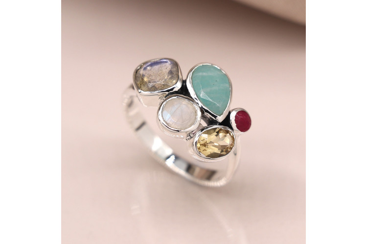 Sterling silver faceted multi gemstone ring