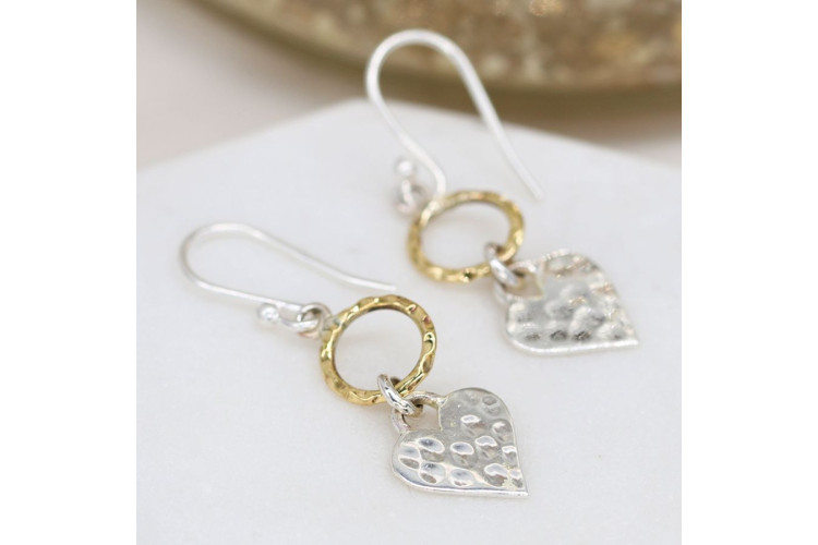 Sterling silver hammered heart and brass hoop drop earrings