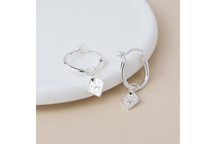 Sterling Silver Hoop And Sun Charm Earrings With Crystal