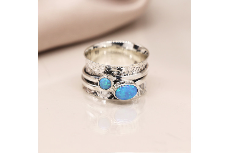 Sterling silver leaf embossed opal spinning ring