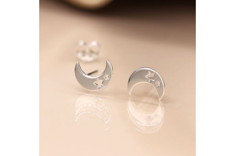 Sterling silver moon stud earrings with star cut-outs