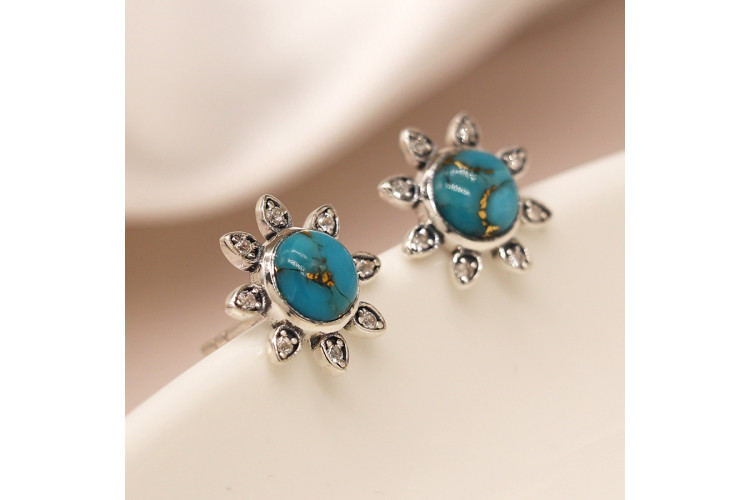 Sterling silver turquoise and white topaz flower earrings