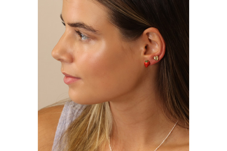 Strawberry And Golden heart Stud Earring Set