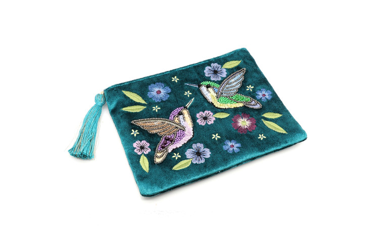 Teal Velvet Embellished Hummingbirds And Floral Zipped Purse