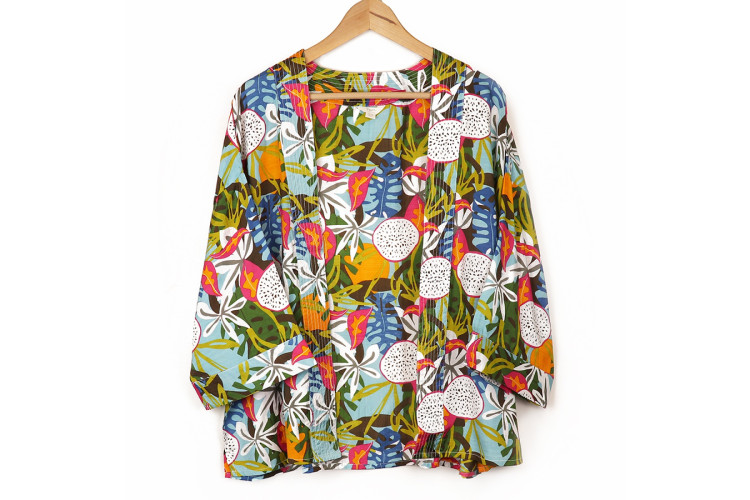 Tropical flower and dragonfruit print kimono