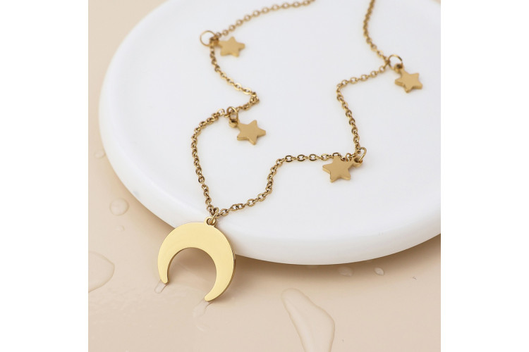 Waterproof gold plated crescent moon and stars necklace