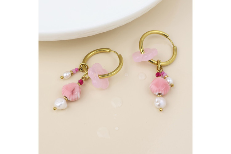 Waterproof gold plated hoop and pink cluster earrings