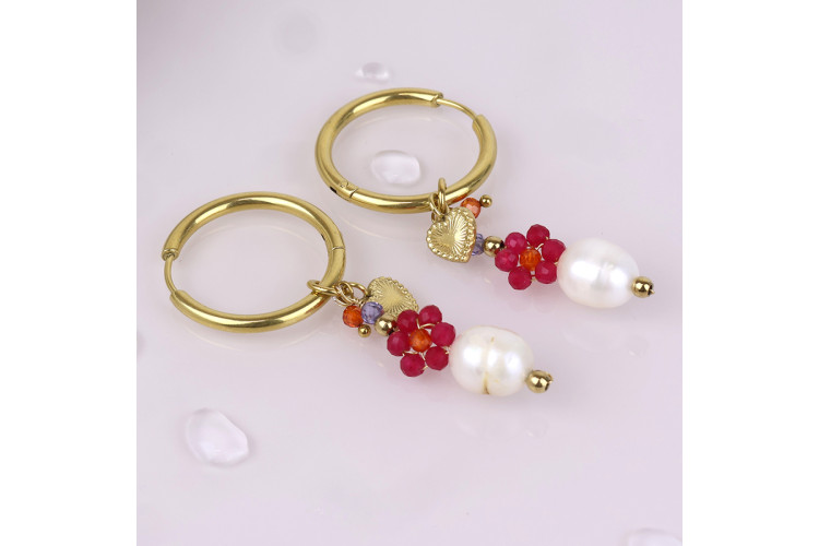 Waterproof gold plated hoop heart bead cluster earrings