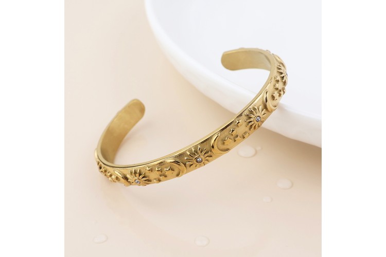 Waterproof Gold Plated Moon, Star And Sun Open Bangle