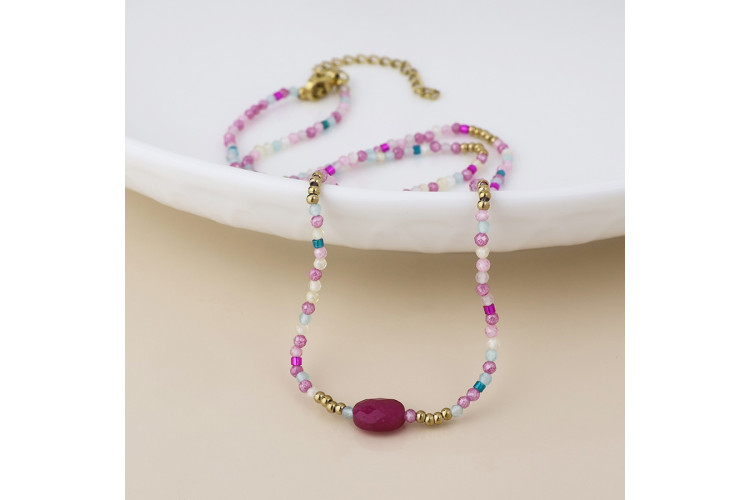 Waterproof gold plated pink mix bead necklace