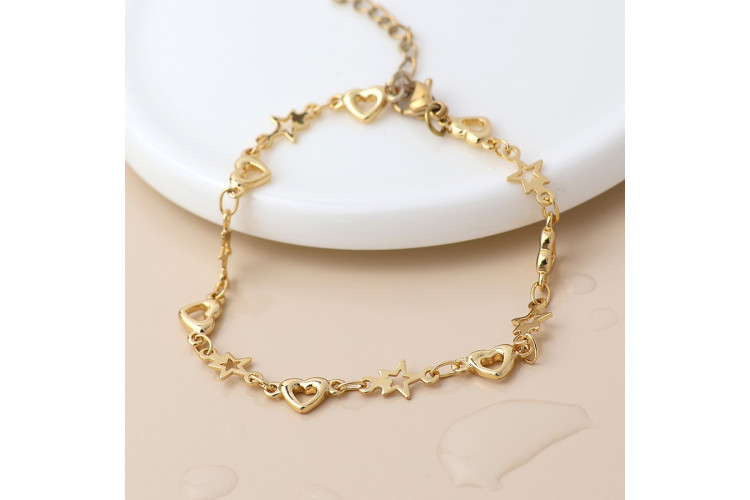 Waterproof gold plated stars and hearts bracelet