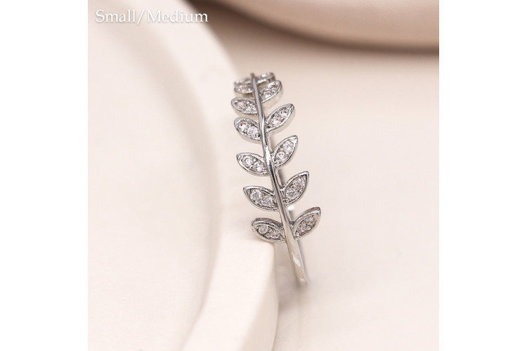 White gold plated crystal set leaf ring