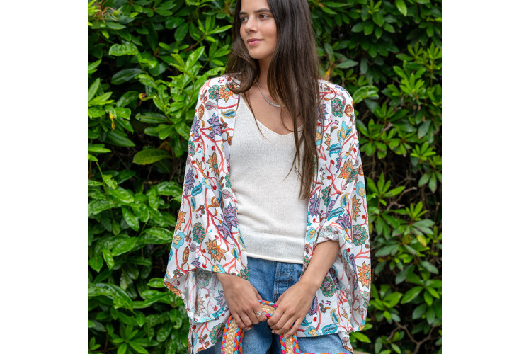 White mix paisley flower print kimono