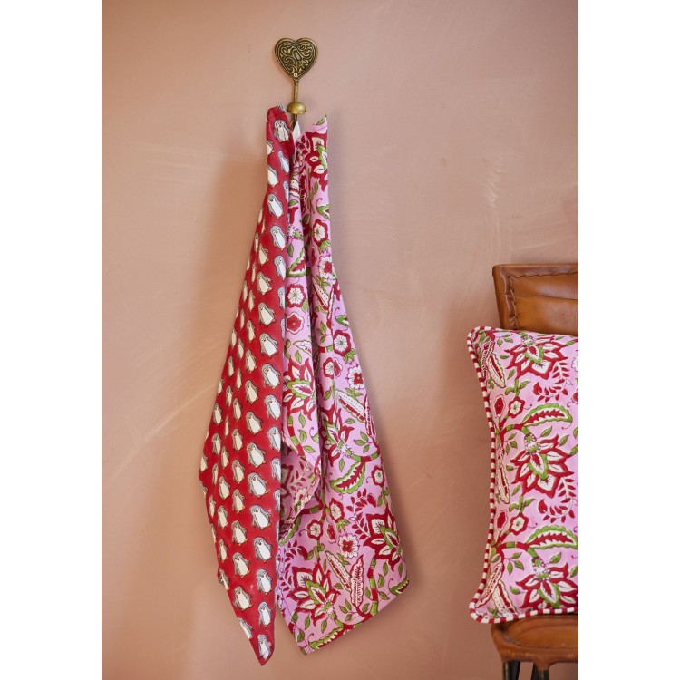 Pink Floral Block Print Tea Towel